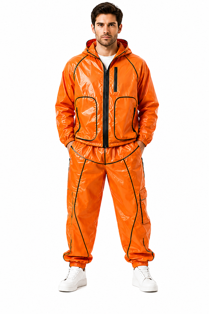 Men’s Orange Glossy Hooded Tracksuit with Cargo Pants