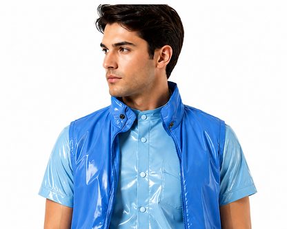 Men’s Blue Glossy 3-Piece Tracksuit  Vest Short-Sleeve Shirt and Jogger Pants Set