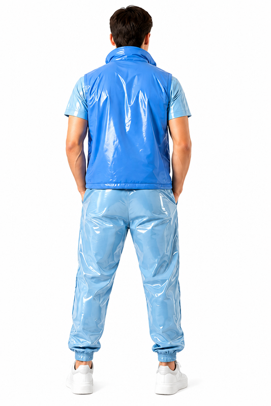 Men’s Blue Glossy 3-Piece Tracksuit  Vest Short-Sleeve Shirt and Jogger Pants Set