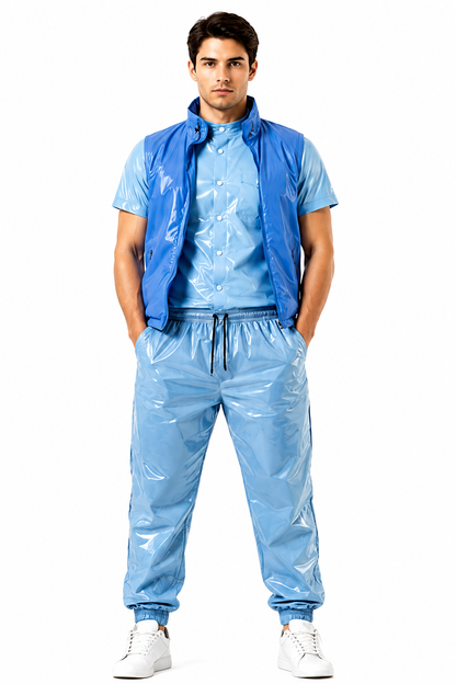 Men’s Blue Glossy 3-Piece Tracksuit  Vest Short-Sleeve Shirt and Jogger Pants Set
