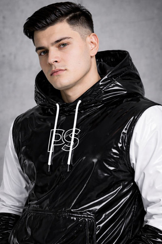 Black Patent PVC Tracksuit with White Panel Contrast