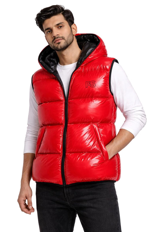 Shiny Red Sleeveless Hooded Puffer Vest
