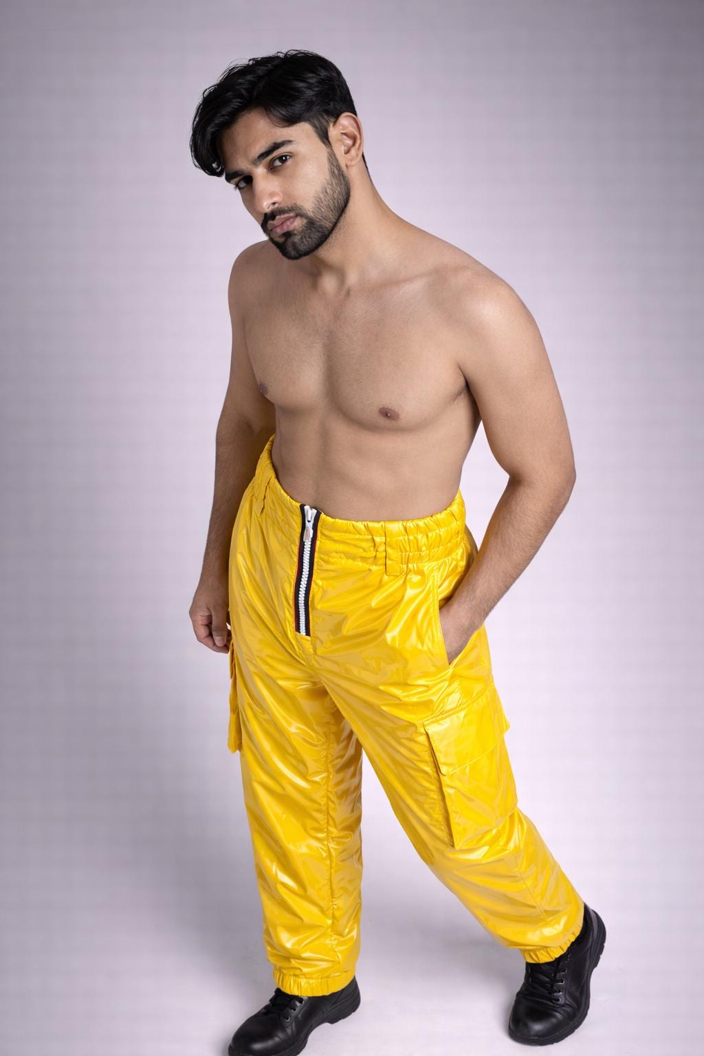 Men’s Bright Yellow Shiny Nylon Cargo Pants High Gloss Streetwear