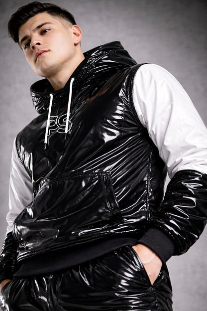 Black Patent PVC Tracksuit with White Panel Contrast