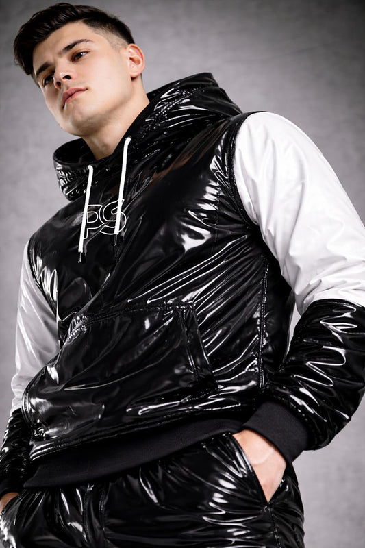 Black Patent PVC Tracksuit with White Panel Contrast