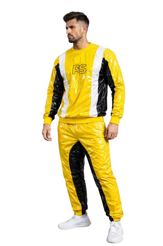 Bright Yellow Gloss PVC Tracksuit with Black and White Panel Design