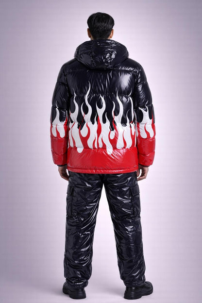 Shiny Puffer Jacket with Flame Design