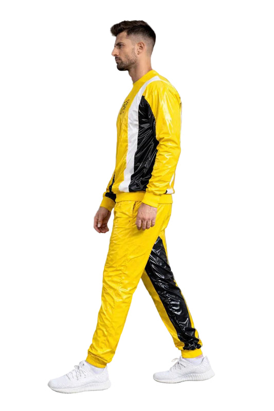 Bright Yellow Gloss PVC Tracksuit with Black and White Panel Design