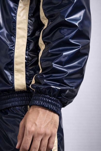 Navy Blue Shiny Nylon Tracksuit with Cream Side Panels