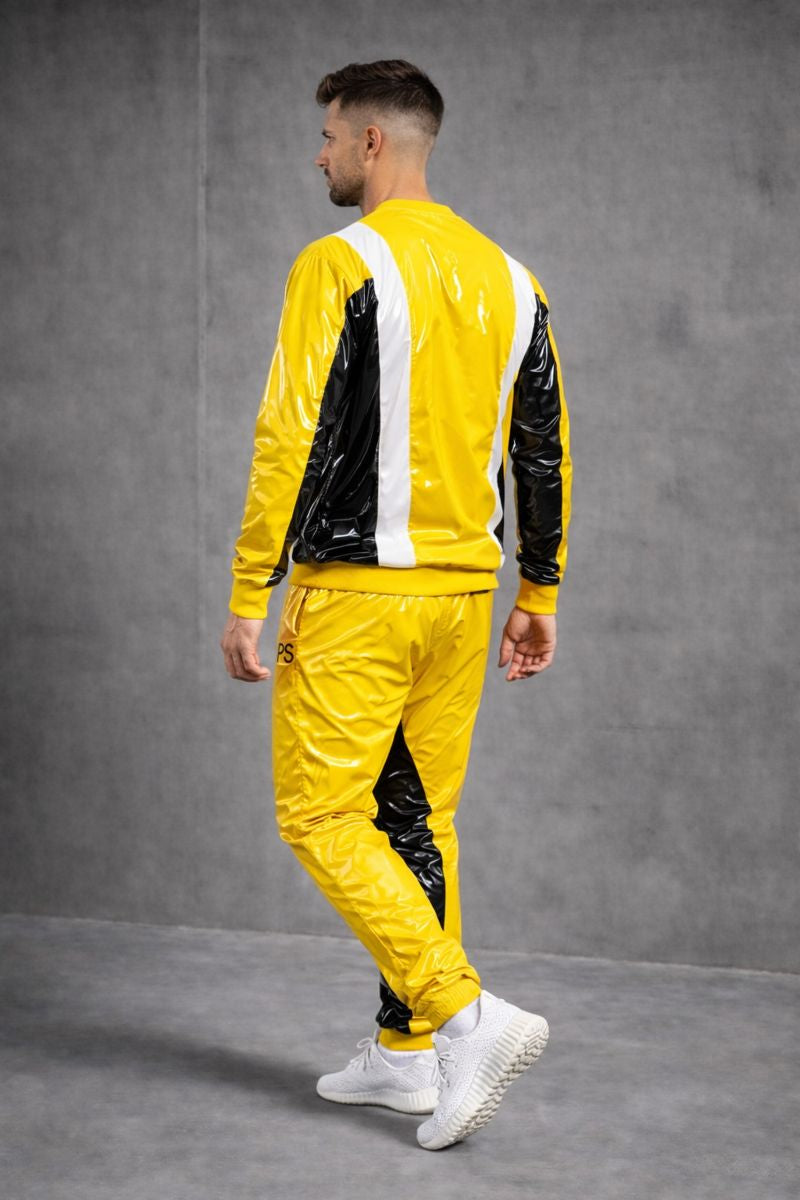 Bright Yellow Gloss PVC Tracksuit with Black and White Panel Design