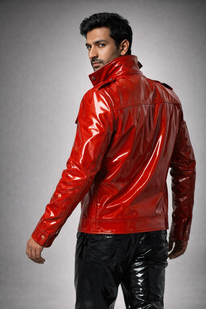 Red Glossy Leather Jacket  Men’s Patent Leather Biker Style