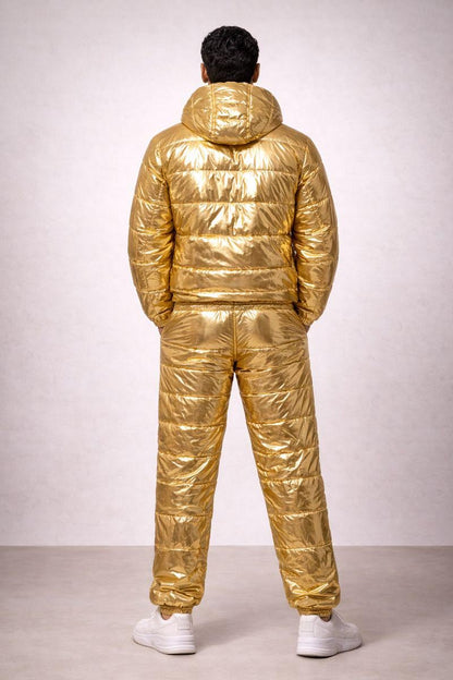 Metallic Gold Shiny Nylon Puffer Tracksuit for Men