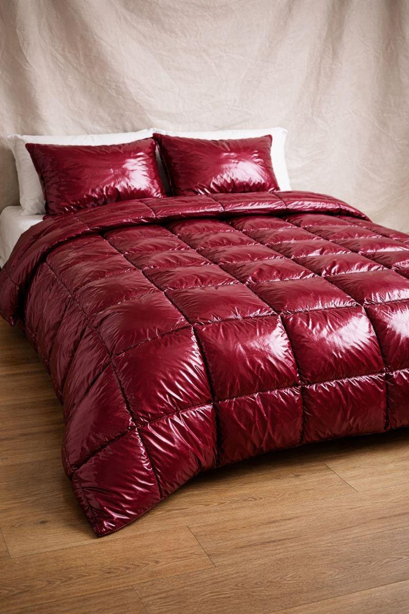 Blood Red Quilted Shiny Nylon Bedding Set