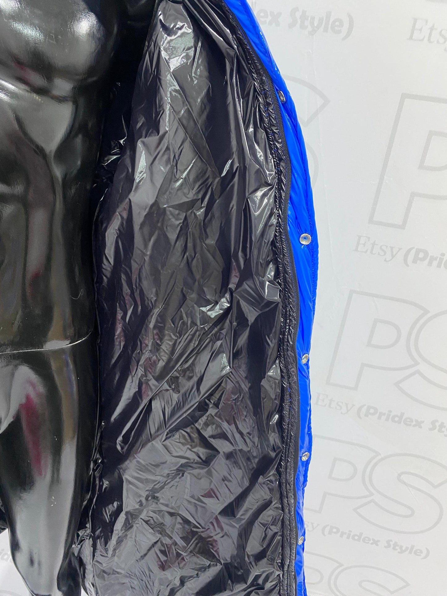 Men’s Cobalt Blue Long Shiny Puffer Coat Hooded Full Length