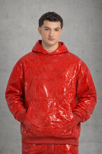 Shiny Red PVC Hooded Tracksuit Wet Look Fashion Outfit