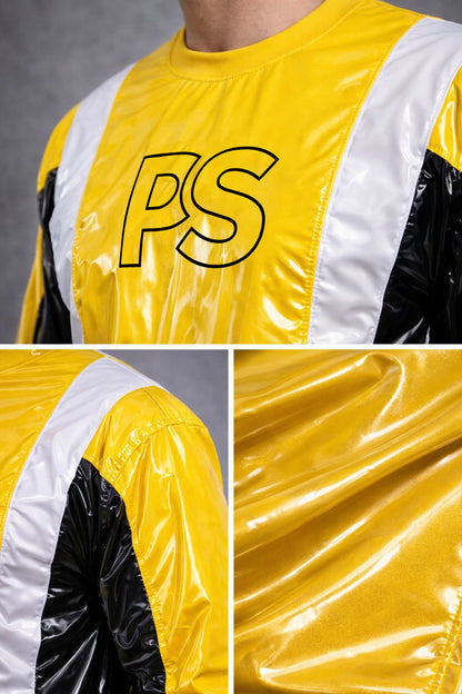 Bright Yellow Gloss PVC Tracksuit with Black and White Panel Design