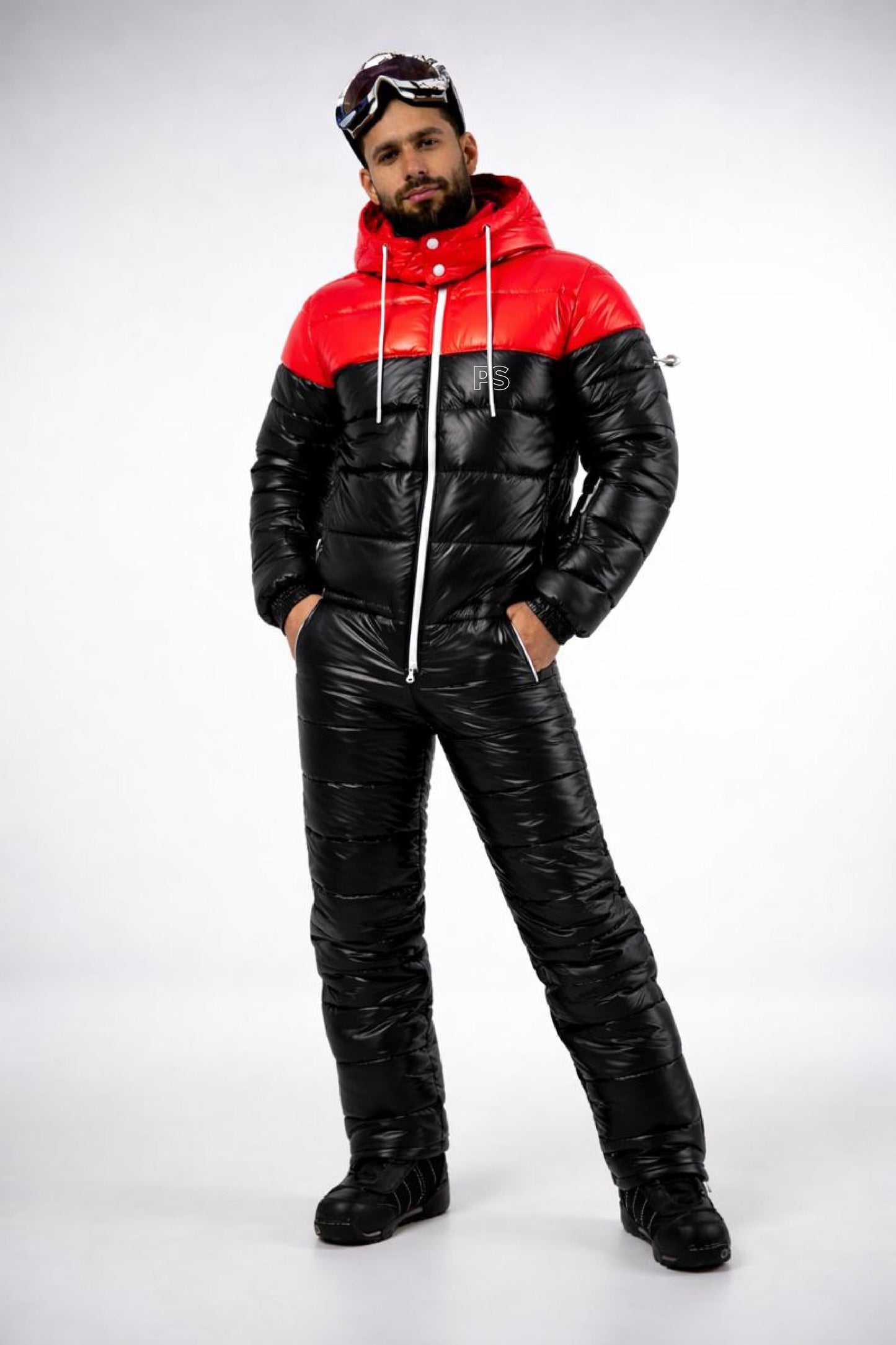 Shiny Black & Red Snowsuit One-Piece Winter Ski Suit