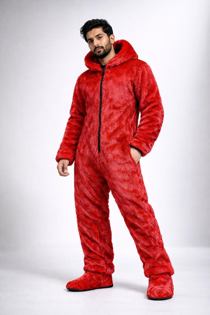 Red Faux Fur Hooded Jumpsuit Full Body Plush Winter Onesie