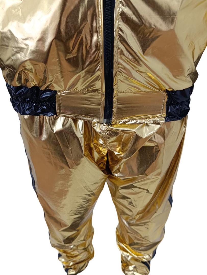 Metallic Gold Shiny Nylon Tracksuit with Black Stripes