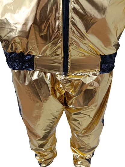 Metallic Gold Shiny Nylon Tracksuit with Black Stripes