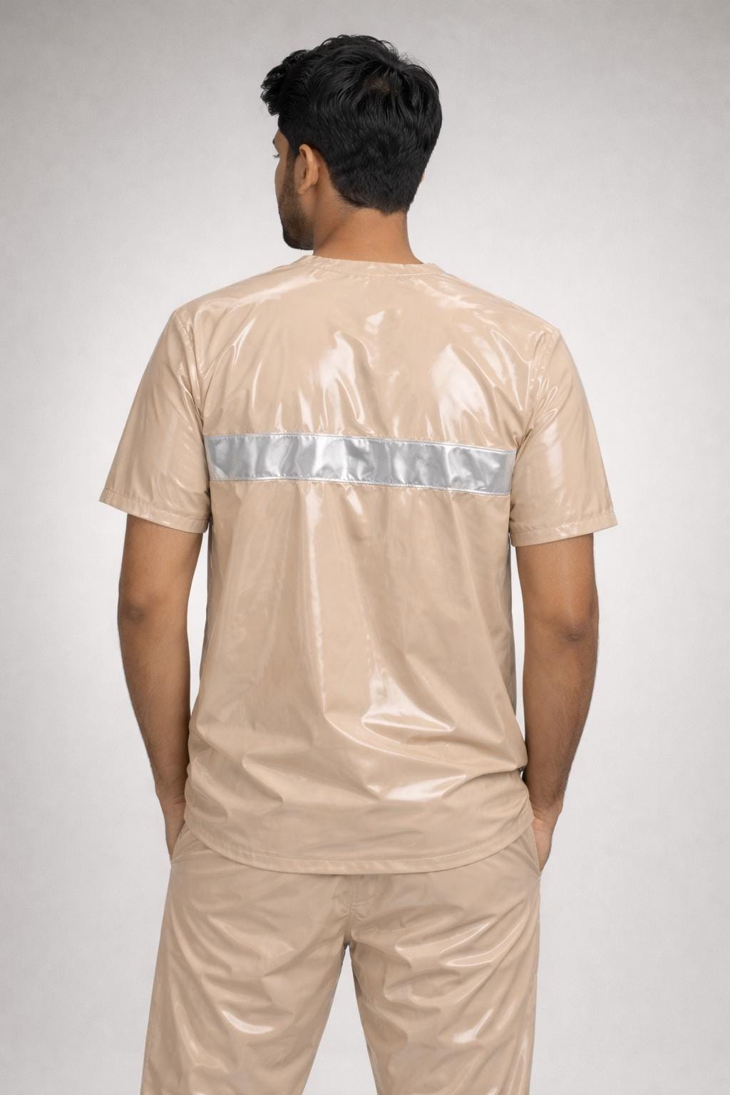 Men’s Shiny Beige Nylon Short Sleeve T-Shirt