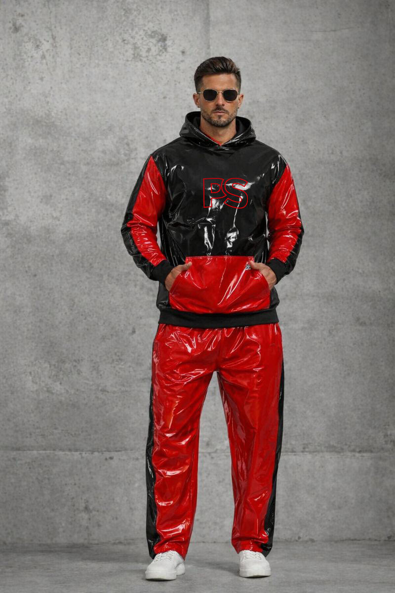 Men’s Shiny PVC Nylon Tracksuit  Black & Red Gloss Set