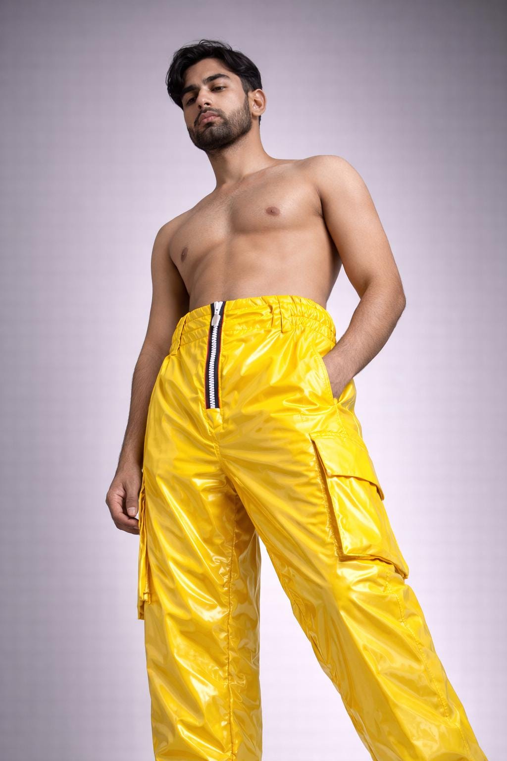 Men’s Bright Yellow Shiny Nylon Cargo Pants High Gloss Streetwear