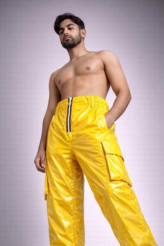Men’s Bright Yellow Shiny Nylon Cargo Pants High Gloss Streetwear