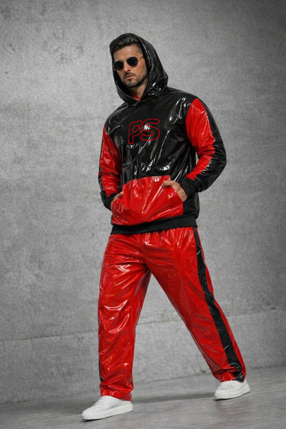 Men’s Shiny PVC Nylon Tracksuit  Black & Red Gloss Set