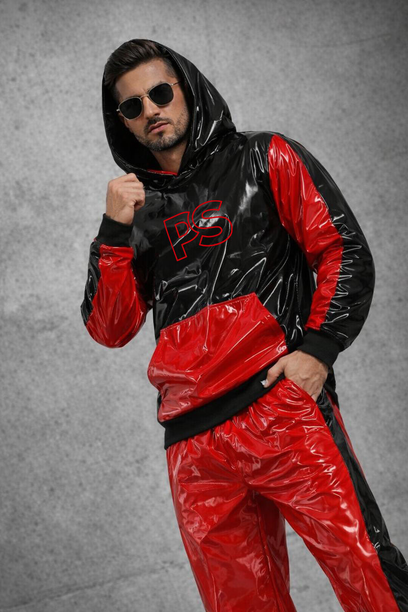 Men’s Shiny PVC Nylon Tracksuit  Black & Red Gloss Set