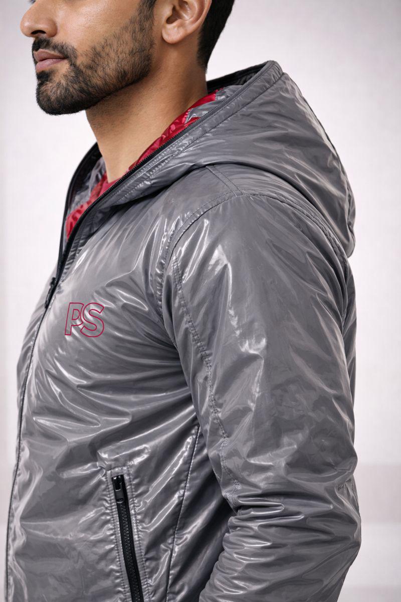 Men’s Shiny Nylon Tracksuit Silver Wet-Look Two-Piece Set