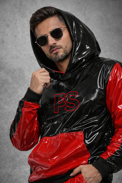 Men’s Shiny PVC Nylon Tracksuit  Black & Red Gloss Set