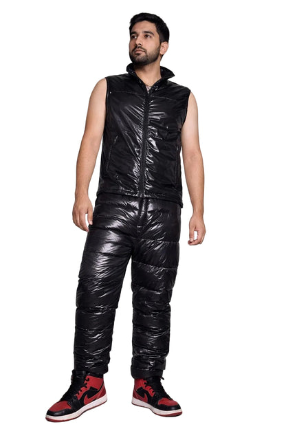 Men’s Black Shiny Puffer Suit Glossy Quilted Nylon Vest & Insulated Pants Set
