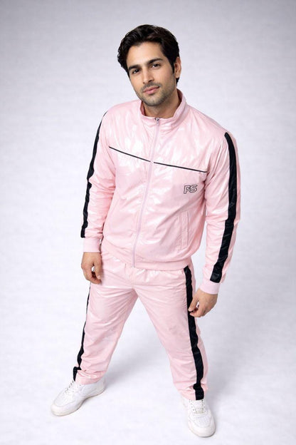 Shiny Nylon Baby Pink Tracksuit with Black Stripes