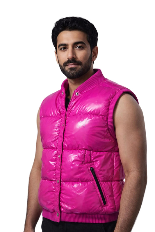 Glossy Fuchsia Pink Nylon Puffer Vest Lightweight