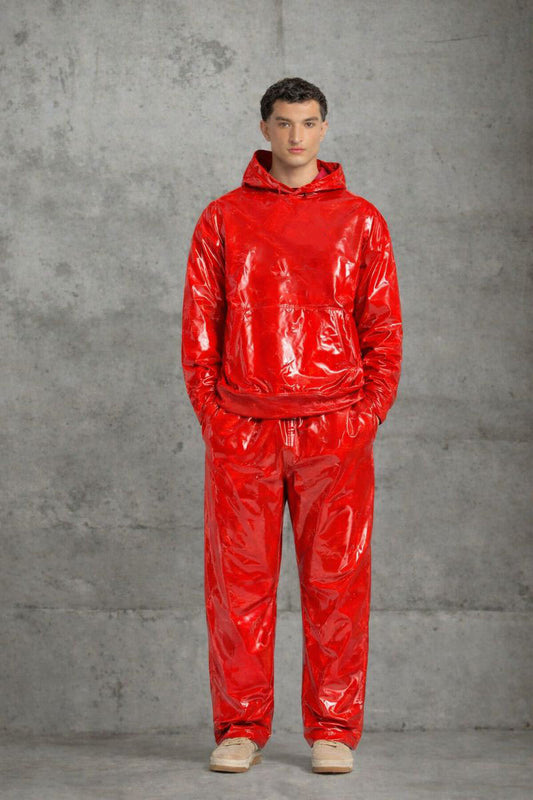 Shiny Red PVC Hooded Tracksuit Wet Look Fashion Outfit