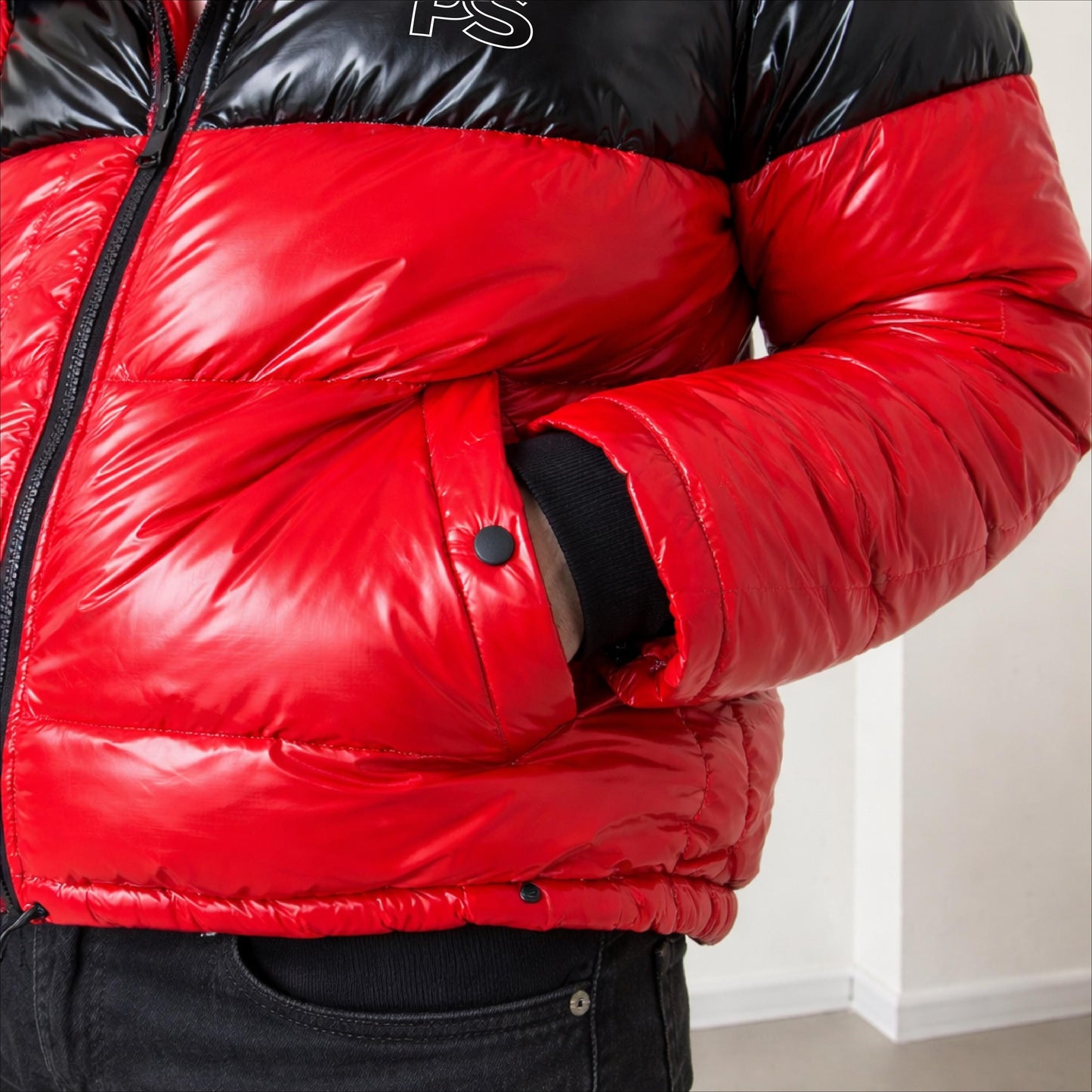 Black & Red Shiny Nylon Hooded Puffer Jacket