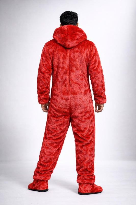 Red Faux Fur Hooded Jumpsuit Full Body Plush Winter Onesie