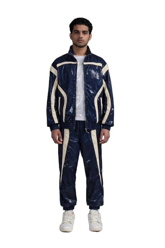 Navy Blue Shiny Nylon Tracksuit with Cream Side Panels