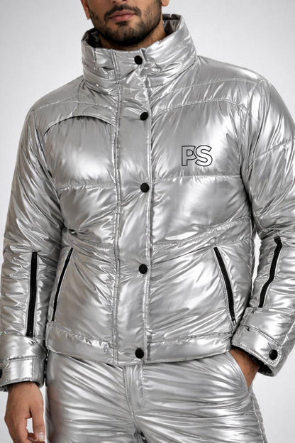 Men's Shiny Puffy Snowsuit: Off White Waterproof Jumpsuit