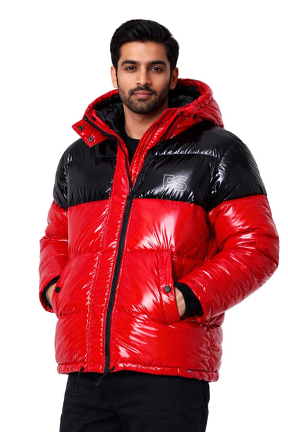 Black & Red Shiny Nylon Hooded Puffer Jacket