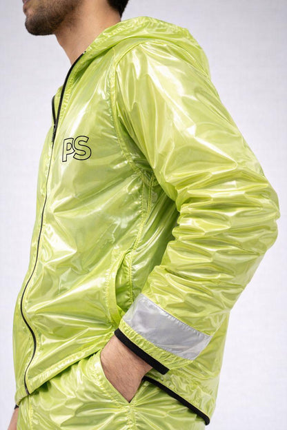 Neon Lime Shiny Nylon Rain Suit Lightweight Gloss Finish