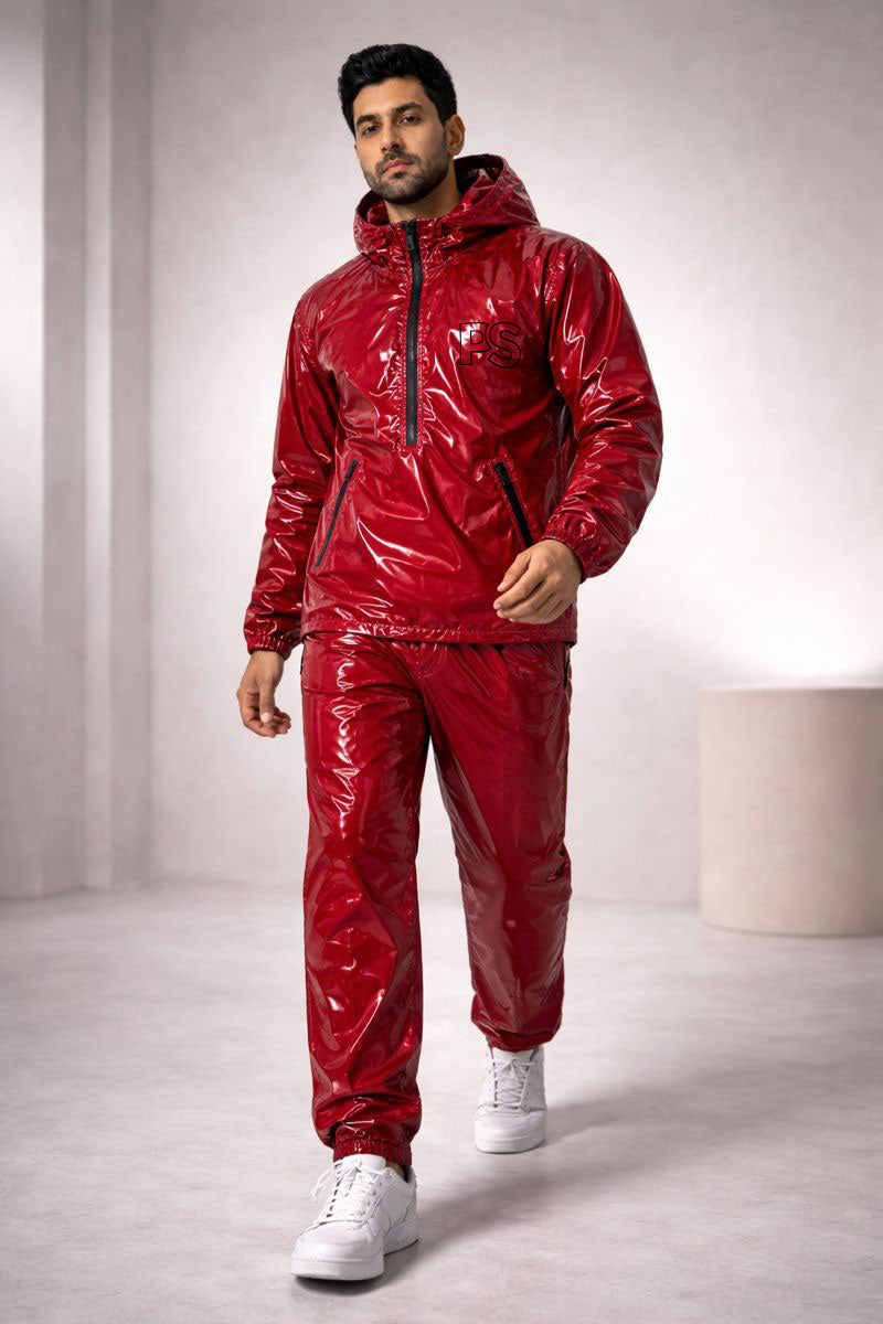 Shiny PVC Nylon Tracksuit Crimson Red Gloss Set