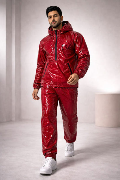 Shiny PVC Nylon Tracksuit Crimson Red Gloss Set