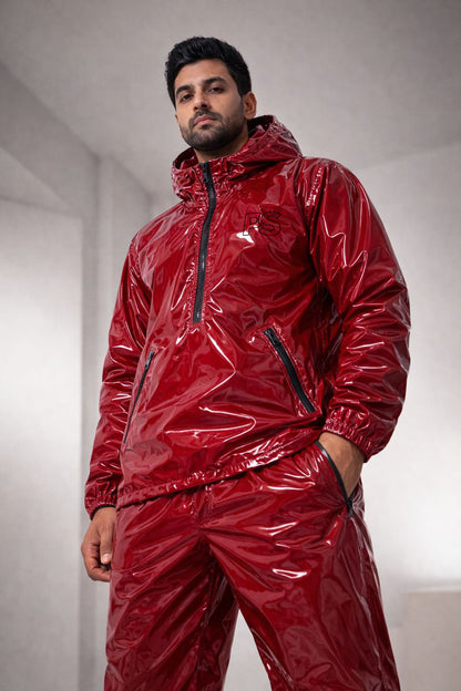 Shiny PVC Nylon Tracksuit Crimson Red Gloss Set