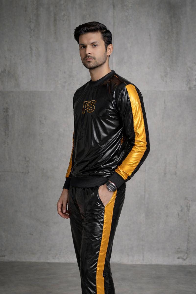 Shiny Black Nylon Tracksuit with Metallic Gold Accent Stripes