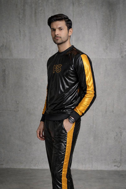Shiny Black Nylon Tracksuit with Metallic Gold Accent Stripes