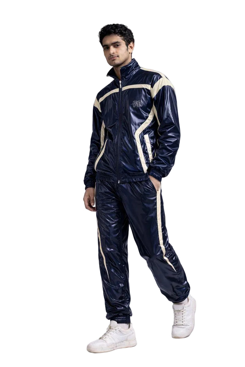 Navy Blue Shiny Nylon Tracksuit with Cream Side Panels
