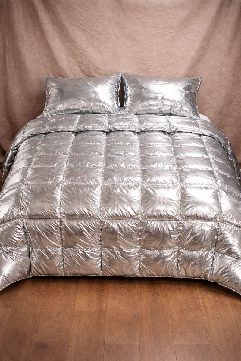Silver Metallic Quilted Shiny Nylon Bedding Set