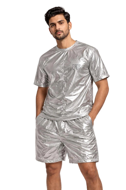 Shiny Silver Nylon Lightweight T-Shirt & Shorts Set